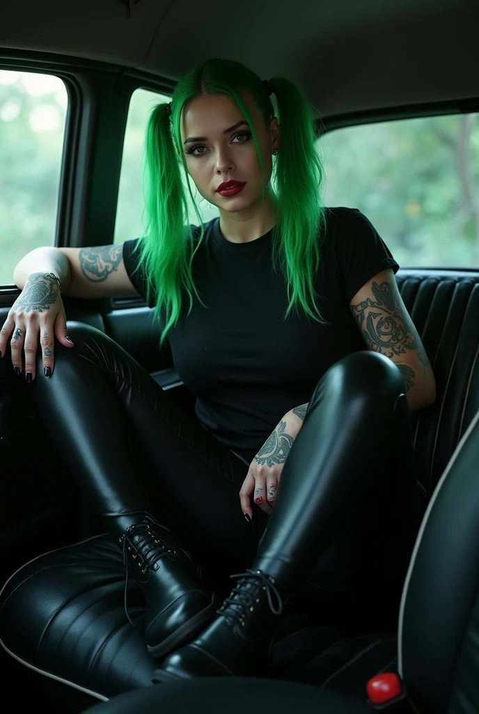 cruel ((Scottish (goth) 40 yo goddess)) sitting in a car with her pretty detailed perfect feet up on dashboard while fingering herself masturbating, pentacle and pentagram tattoos, short pleated skirt, plump thighs, (hairy pubes visible), quivering expressive pleasurable ecstacy face, high quality photo, the (cannabis forest Tokyo streets) behind her, driving