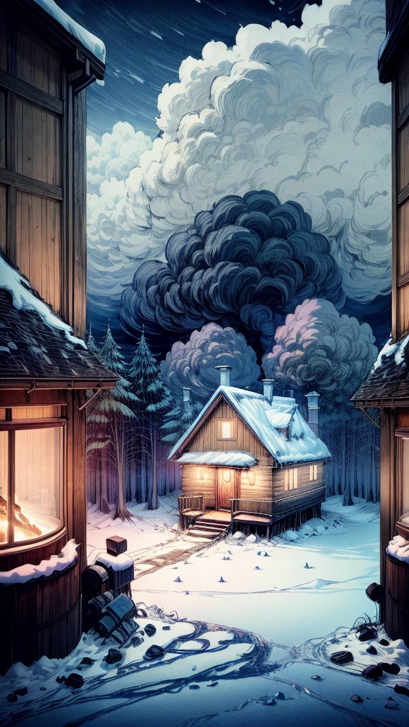 An anime-style cozy cabin in a snowy forest, smoke rising from the chimney and soft light glowing from the windows, snow gently falls outside, creating a warm and peaceful winter night