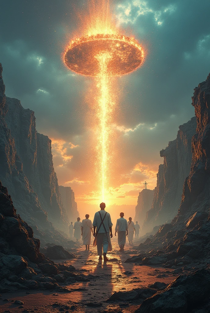 Drawing, fantasy, realism, high detail, 5 men with light gray hair, standing at an erupting volcano, 8kk
