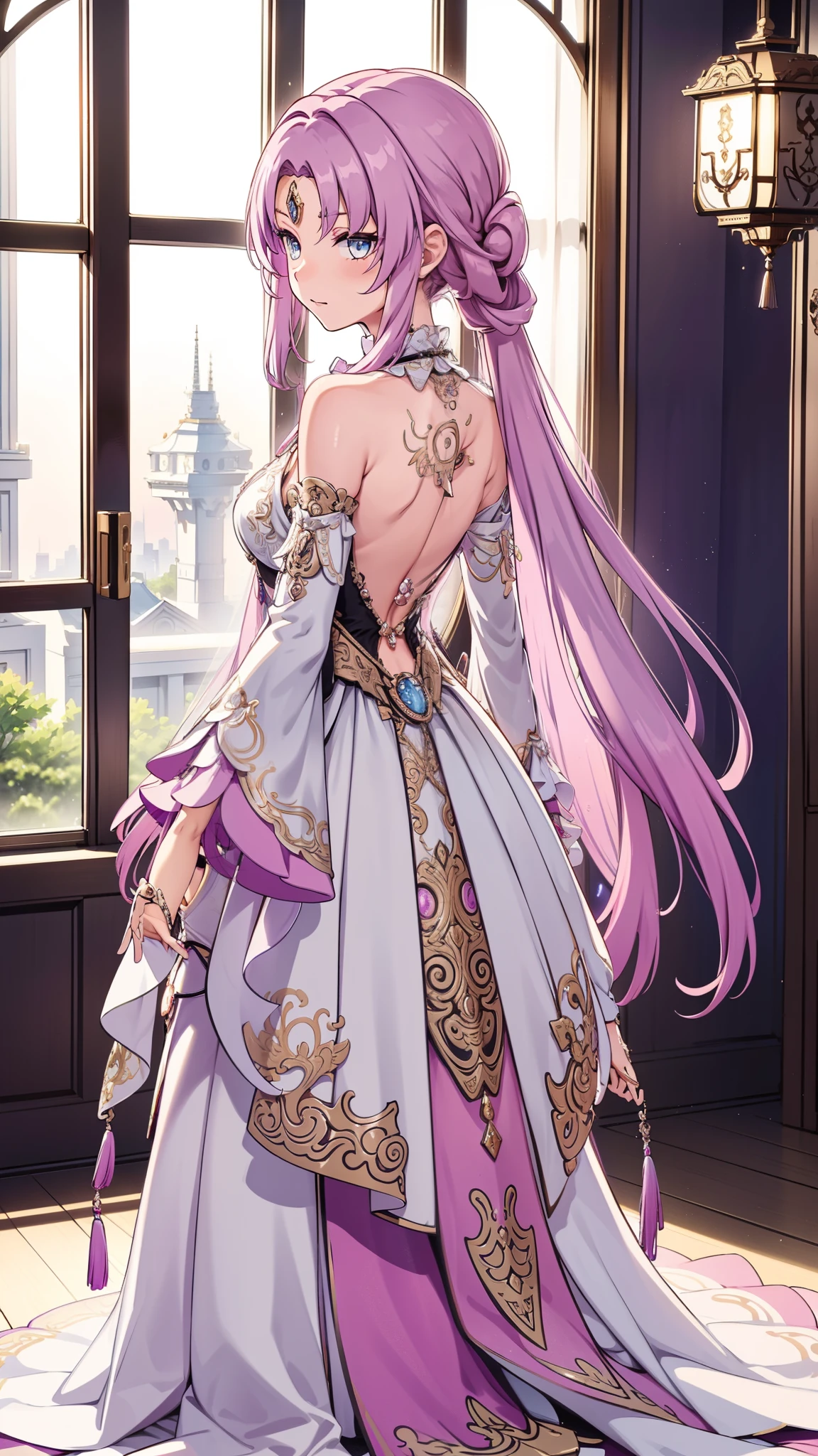 Wear a modern transparent dress that is elegant and noble，Intricately Designed Outfit，Beautifully dressed，Pink Long Wavy Hair，Modern Goddess，Light blue eyes，Sophisticated Modern Clothing，Looking back，tattoo back，night，She appeared in a bedroom of a luxury hotel，Seductive pose，8K，high resolution，fuxuan