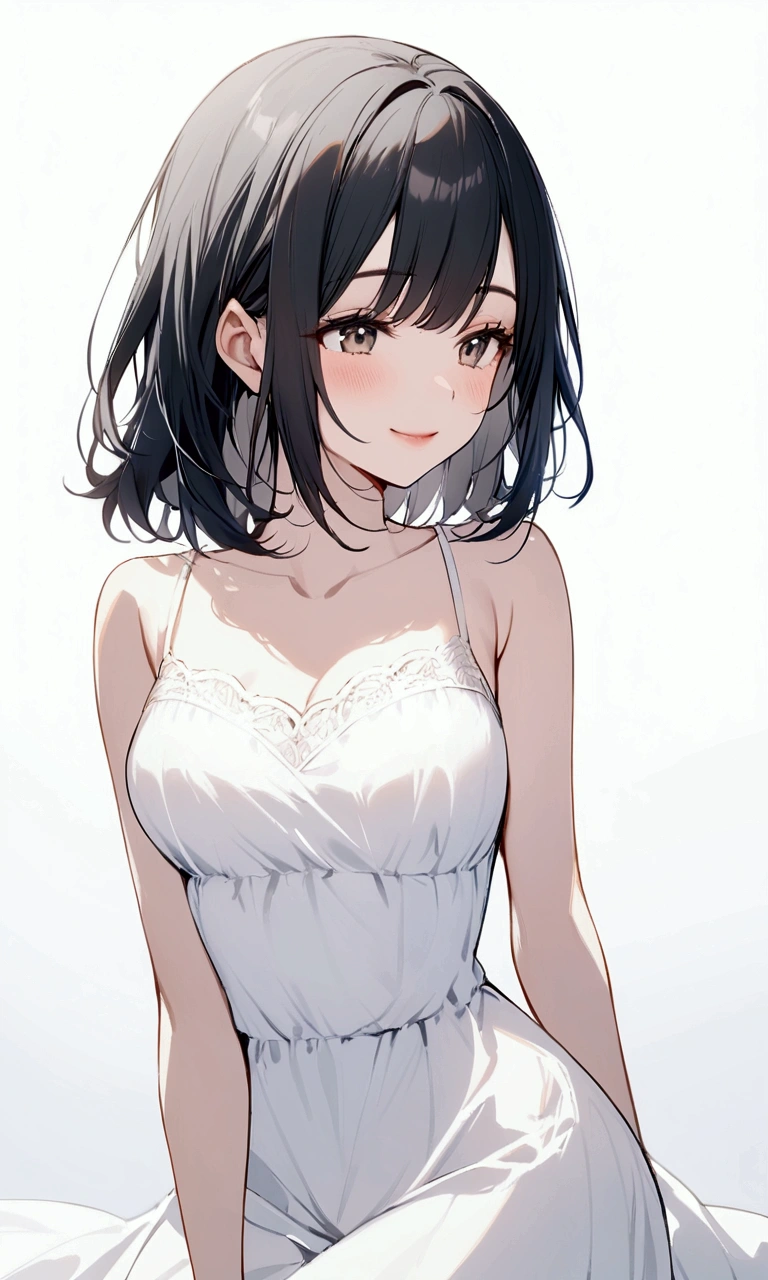 solo, 1girl, strapless, lacy dress, simple background, seductive smile, short hair,