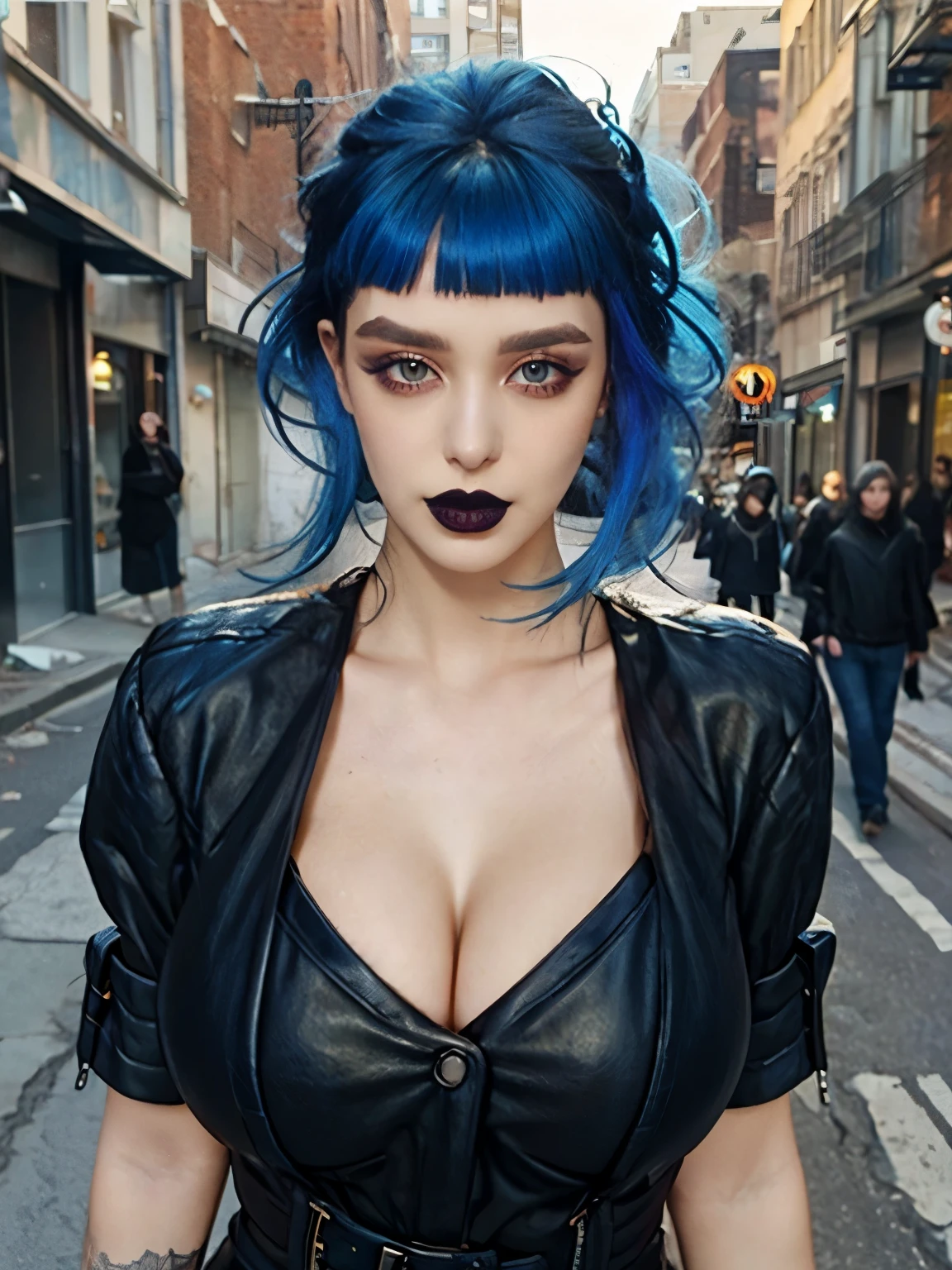  ((best quality)),((masterpiece)),((strikingly beautiful)), goth, excited, pale skin, smoky eyes, vivid colors, punk clothing, rock hairstyle, blue hair, black lips, abandoned street, body view, microbangs, huge breasts