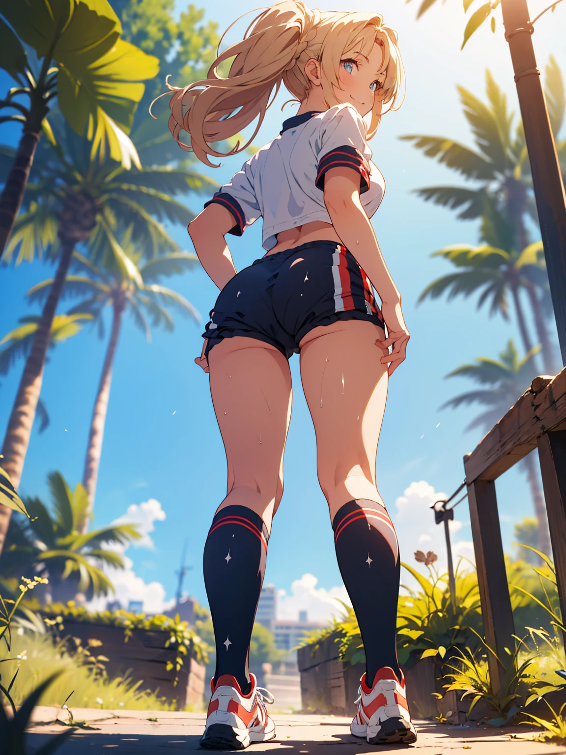 ( masterpiece), best quality, expressive eyes, perfect face, highres, (from below:1.5),(from behind:1.5),, moody angle, medium breast, full body, solo, Buoyant Smile, 1girl, zetadef, twintails, ( black buruma, gym uniform, bloomers), sneakers, socks, background, ( park, Ground:1.2) outdoor, Ground, standing, sexual pose,( wet:1.1), see-through nipples, 