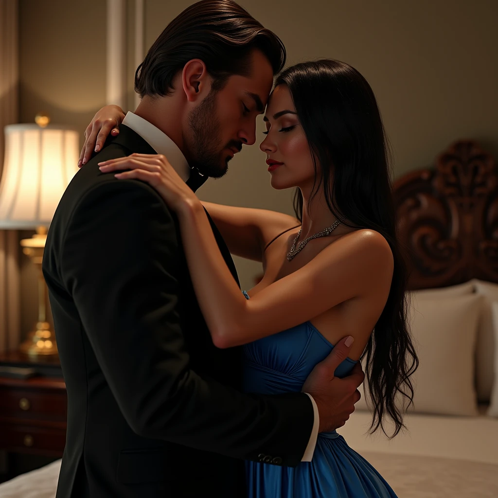 Maleficent, sexy blue dress, sitting on the red bed, dark bedroom, hugging a young man with long wavy blond hair shirtless, closeup