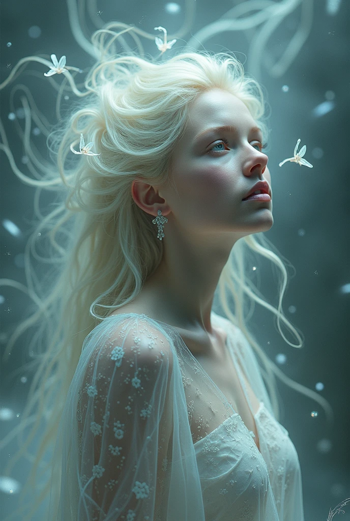 "A woman rendered in a white paper-inspired aesthetic, created in the leaf-like computer art style. The image is ultra-realistic and ethereal, featuring delicate leaf patterns that evoke misty vapors from dry ice. The woman's form is translucent, set against a deep backdrop."