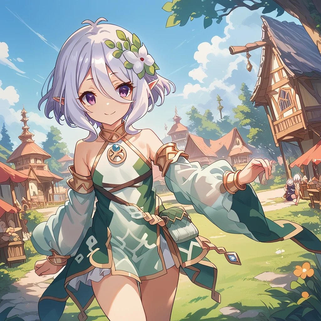 kokkoro, princess connect!, Purple eyes、antenna hair, silver hair, short hair, dress, elf, hair flower, puffy long sleeves break masterpiece、Beautiful attention to detail:1.2, Perfect lighting, (perfect hand, perfect anatomy), smile, grassland