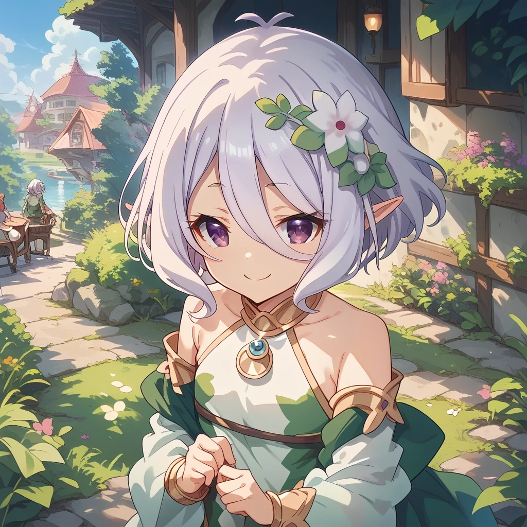 kokkoro, princess connect!, Purple eyes、antenna hair, silver hair, short hair, dress, elf, hair flower, puffy long sleeves break masterpiece、Beautiful attention to detail:1.2, Perfect lighting, (perfect hand, perfect anatomy), smile, grassland