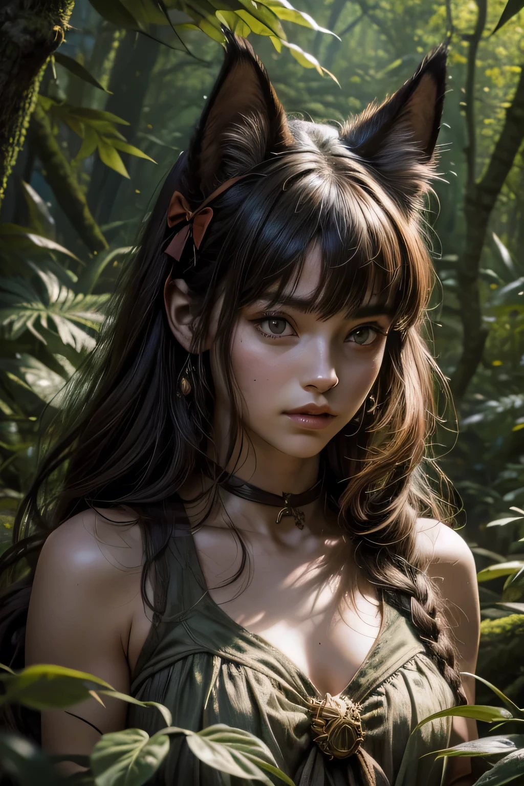 Bust shot of A young female cat-eared beast adventurer holds a bow, Deep in the forest, super Realistic