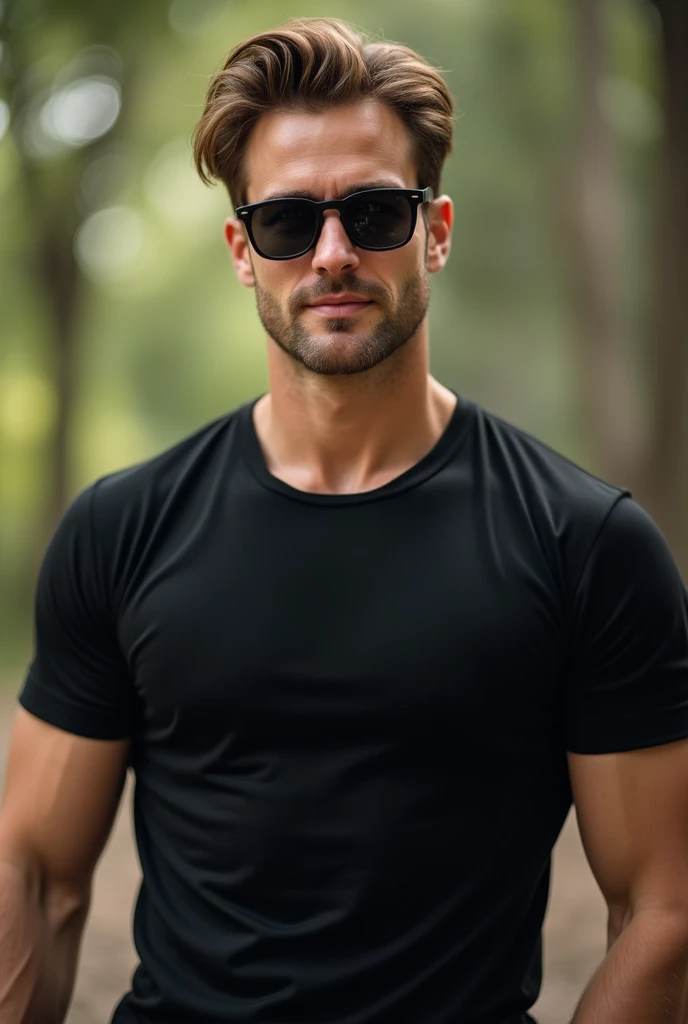 hyperealistic photo A ((full body)) shot of a atractive men. light brown hair with dark blonde highlights on top and sides, clean-shaven face, hazel eyes, wearing a black t-shirt and shorts. The man is 30 years old, sporty body like a swimmer, looking at the camera, ((full body shot)), ultra-realistic photograph captured, high-resolution quality ,detailed face, 8k