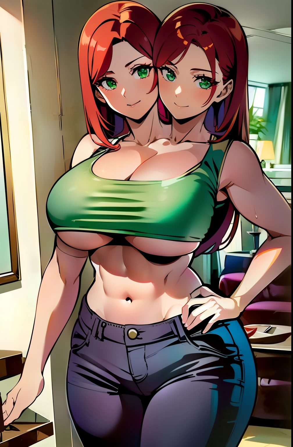 ((best quality), (high quality), (detailed), (masterpiece), good artist, (2heads:1.5), 1girl, (red hair), (emerald green eyes), casual wear, gentle smile, ((white crop top)), ((sleeveless crop top)), ((sexy crop top)), ((underboob)), black pants, a two headed woman with beautiful detailed eyes, (detailed hairstyles), strong and confident expressions, exposed midriff, sexy body and face, perfect body, beautiful symmetric body, sexy body, sexy girl, beautiful body and face, sexy hot body, very sexy pose, living room, (mature woman), (length hair),