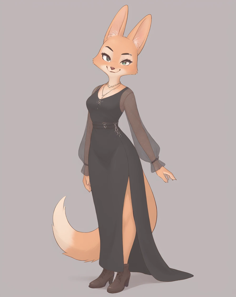 score_9, score_8_up, score_7_up, score_6_up, score_5_up, score_4_up, Diane_Foxington, ginger fur, emerald eyes, black lipstick, black eyebrows, silver piercings on eyebrow, fox tail, cut dress, smirk, looking at viewer, full body, perfect, masterpiece, high quality