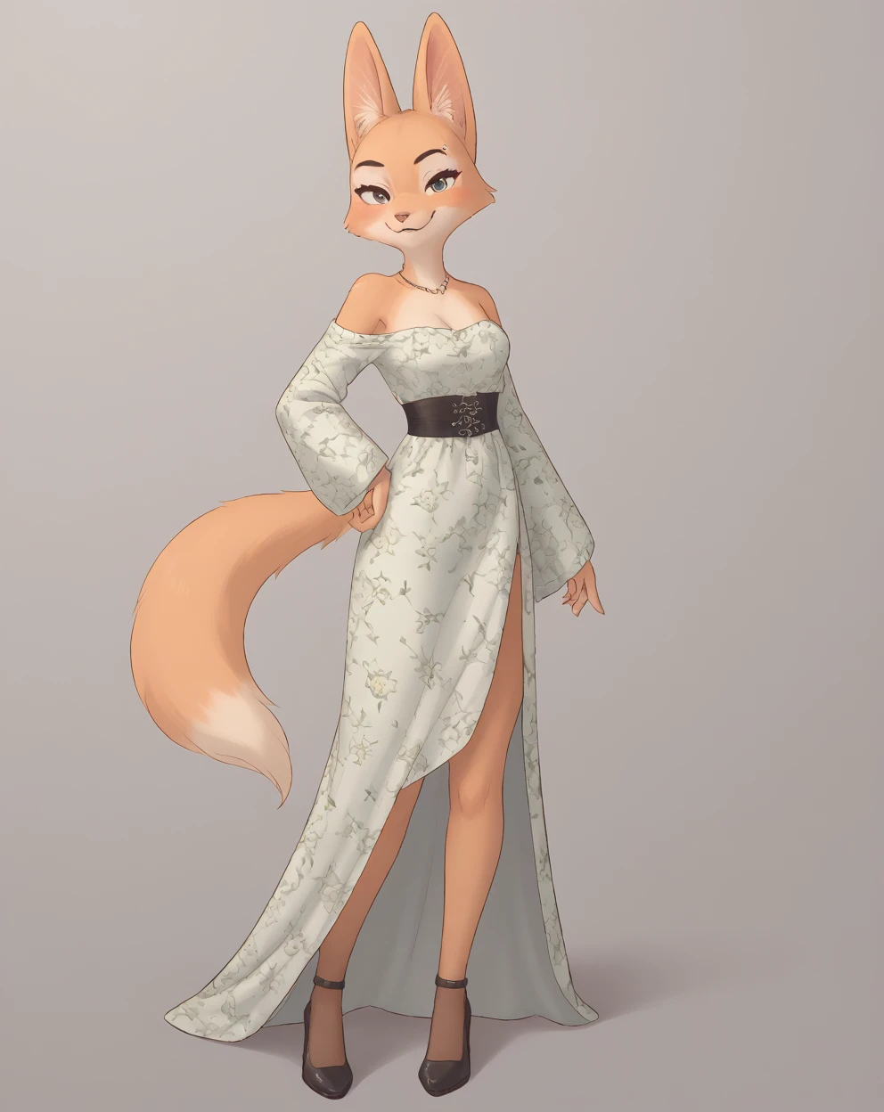 score_9, score_8_up, score_7_up, score_6_up, score_5_up, score_4_up, Diane_Foxington, ginger fur, emerald eyes, black lipstick, black eyebrows, silver piercings on eyebrow, fox tail, cut dress, smirk, looking at viewer, full body, perfect, masterpiece, high quality