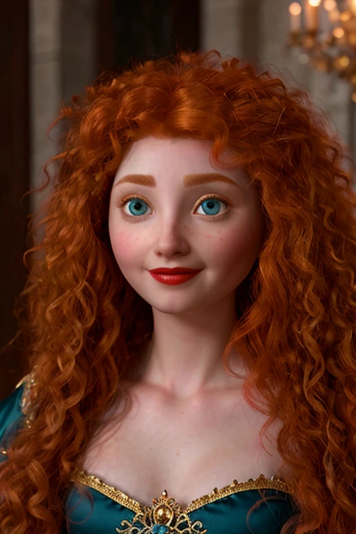 1 Merida dressed as a queen. very tattooed. shy smile, perfect blue crystal eyes, high details, cute face, sensual, provocative, nice breasts, oiled up body, perfect pale skin, perfect body, charming, seductive, red lipstick, sitting on a golden throne, castle, queen crown, very detailed hands and fingers