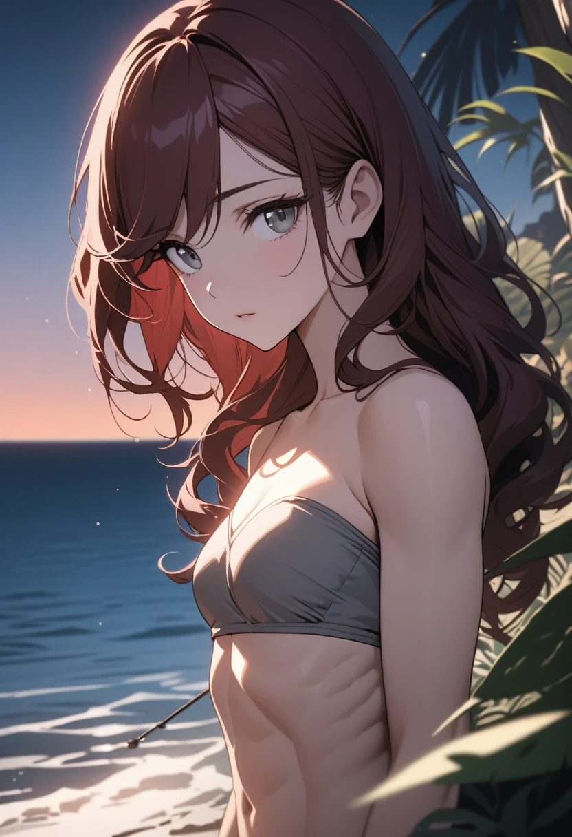 Rise Kujikawa, sensual smile, sexy sensual orange bikini, in beach, small breasts, seductive pose
