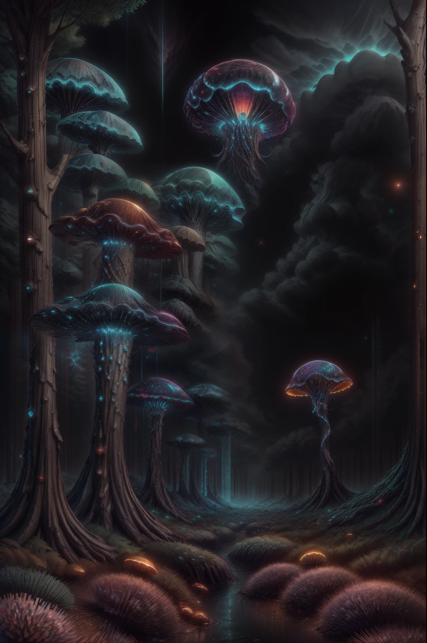 jellyfish swimming in a pine forest with magic mushrooms, starry sky and nebulae, digital art, psychedelic theme, vivid colors, saturated colors