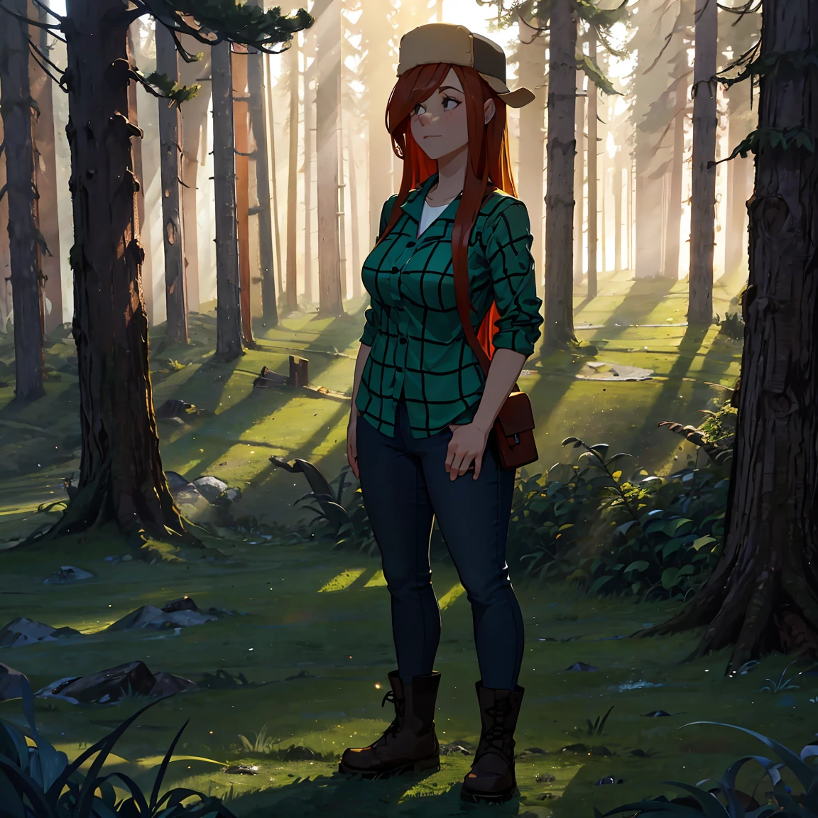 A Wendy Corduroy, standing , wearing your classic clothes, whole body visible,she is in a mystical and dark forest.