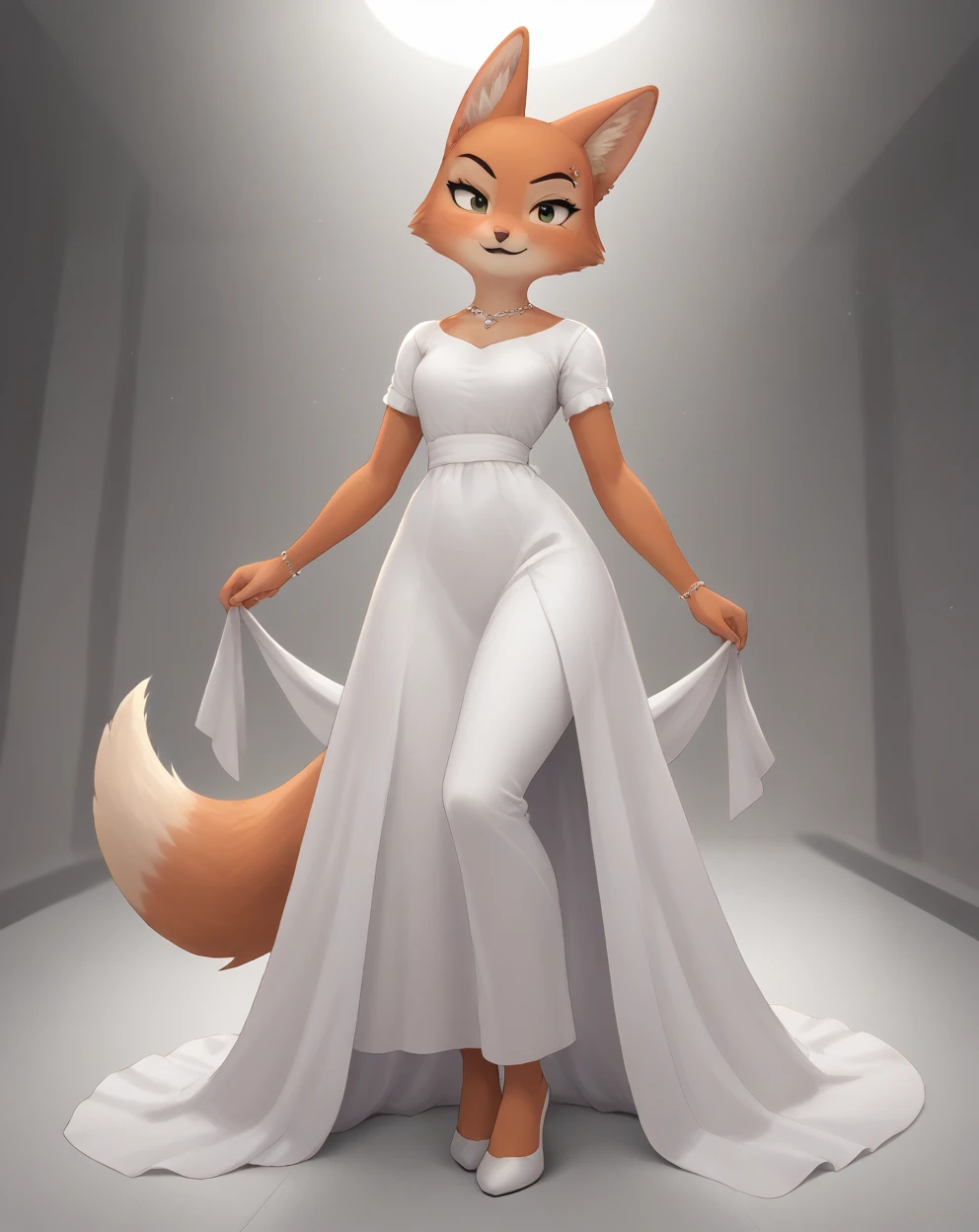 score_9, score_8_up, score_7_up, score_6_up, score_5_up, score_4_up, Diane_Foxington, ginger fur, emerald eyes, black lipstick, black eyebrows, silver piercings on eyebrow, fox tail, cut dress, smirk, looking at viewer, full body, perfect, masterpiece, high quality