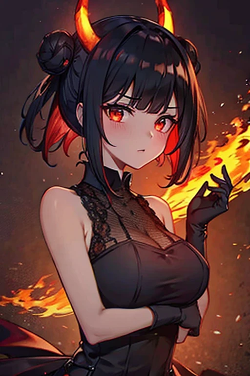 1 girl, demon girl, solo, black hair, short straight hair, gloves, bun updo, side bangs, long horns, ultra detailed red and black eyes, slit_pupils, gothic dress, sleeveless gothic dress, light gothic dress, skirtless gothic dress, gothic cathedral, glowing flames surrounding the girl, inner room of the cathedral is on fire, exuding flames from eyes, dim lighting, warm colours, fascinator_hat, beautiful pose, serious expression