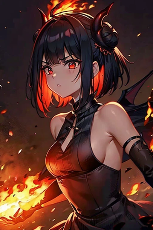 1 girl, demon girl, solo, black hair, short straight hair, gloves, bun updo, side bangs, long horns, ultra detailed red and black eyes, slit_pupils, gothic dress, sleeveless gothic dress, light gothic dress, skirtless gothic dress, gothic cathedral, glowing flames surrounding the girl, inner room of the cathedral is on fire, exuding flames from eyes, dim lighting, warm colours, fascinator_hat, beautiful pose, serious expression