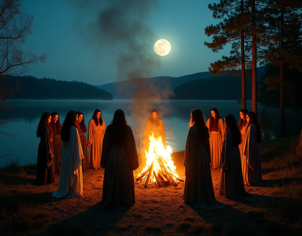 ((masterpiece, top quality, high resolution, highly detailed CG unified 8K wallpaper)), (huge stunning goddess shot, very hot and sexy, jaw dropping beauty, perfect proportions, beautiful body, slim body beauty:1.3),  Moonlit witches sabbat, five skyclad witches perform a seremony around a large bonfire, deep in the forest, clearing, moon cast a blueish hue on their pale naked bodies