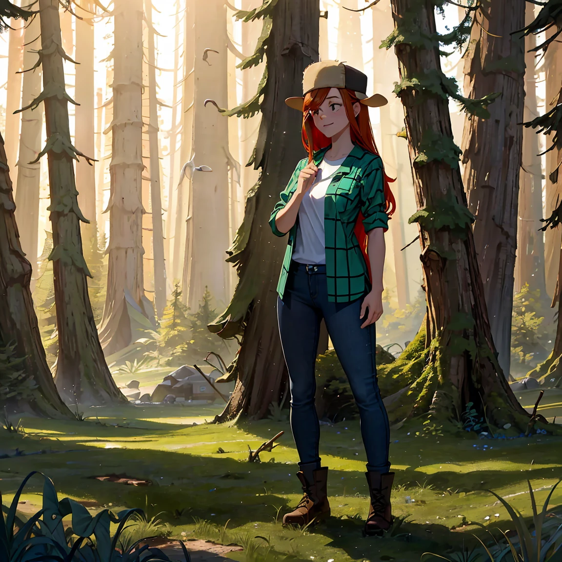 A Wendy Corduroy, standing , wearing your classic clothes, whole body visible,she is in a mystical forest...