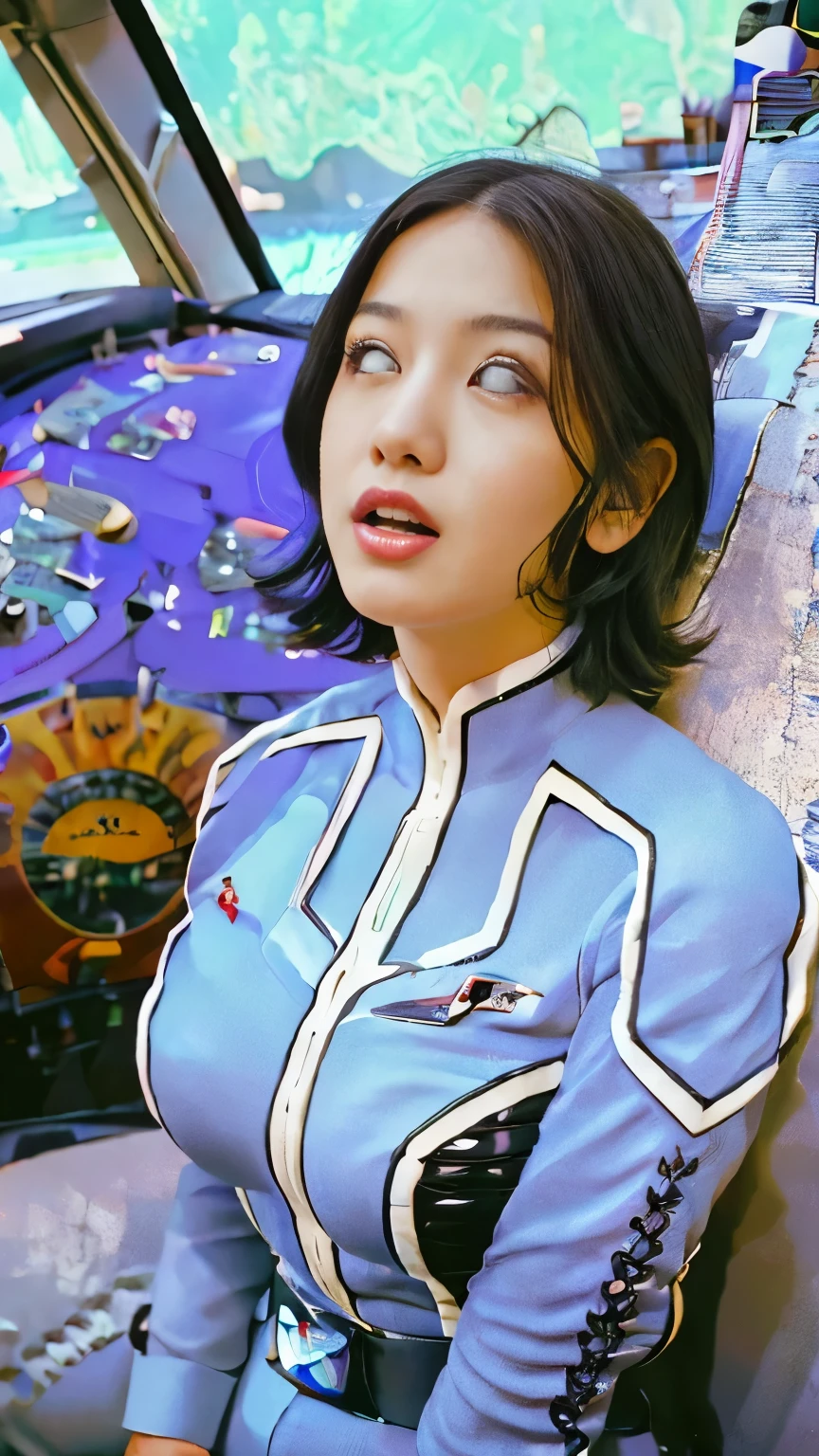 (Best Quality, 8k, 32K, masterpiece, Ultra-high resolution:1.2),Beautiful Japanese Women Photos, 40 years old、Slim figure、(Big Breasts:1.4)、(From above)、(Straight black hair), (One Japanese woman、Sitting in a cockpit on a military base、White Eyes:2.8、Open your mouth and look straight up), (((Ultra Guard uniform and pants)))