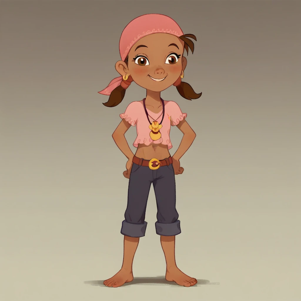 1girl, dark skin, brown hair, brown eyes, twintails, bandana, earring, visible belly button, short stature, full body, barefeet