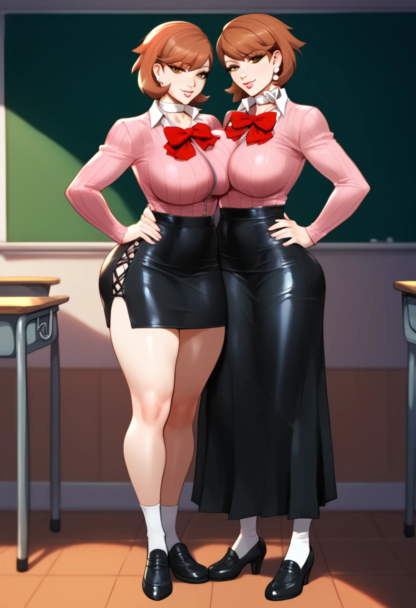  (((masterpiece))), (((Best quality))), (Very detailed), (full body), classroom, yukaridef, gekkoukan high school uniform, pink cardigan, red bow, long sleeves, black skirt, earrings, white choker, beautiful breasts, light smile, hands on hips,,