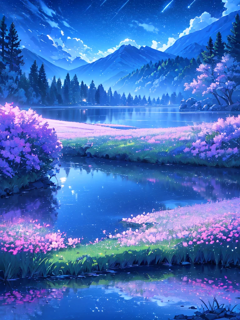 a beautiful moonlit landscape, a starry night sky, a field of colorful flowers, a tranquil lake with twinkling reflections,niji_vn_bg,no humans, (best quality,4k,8k,highres,masterpiece:1.2),ultra-detailed,landscape,cinematic lighting,dramatic lighting,vibrant colors,serene,atmospheric,stunning,enchanting