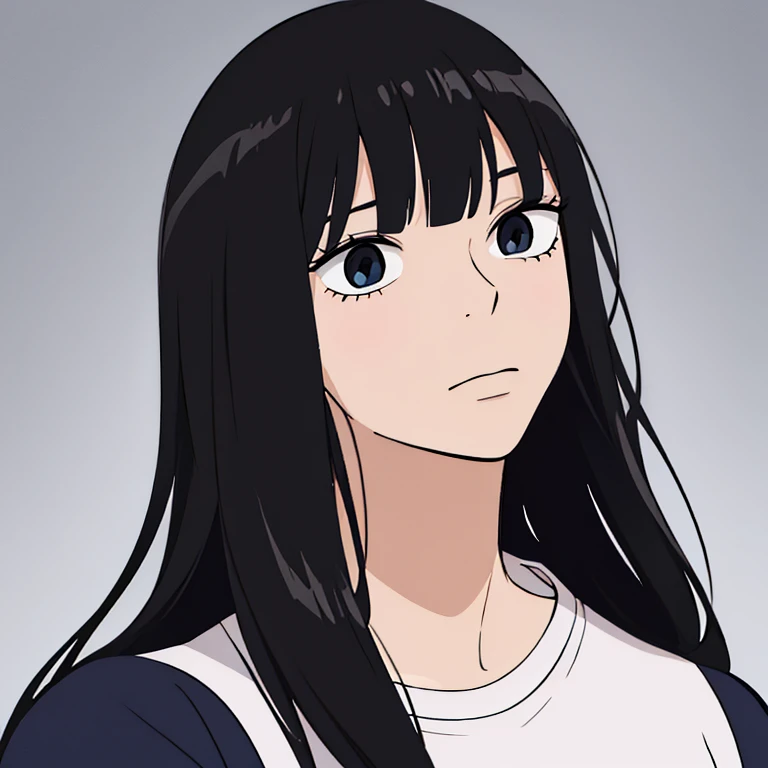 ((best quality)),((highly detailed)),masterpiece,absurdres,detailed face,beautiful face,((detailed eyes, deep eyes)),((dynamic pose)), sawako, 1femboy, girly, otokono ko, femboy, otokonoko, androgynous, transgender, femboy, black hair, solo, long hair, bangs, black eyes, blunt bangs, hime cut, white t-shirt with black print, upper body,  profile picture