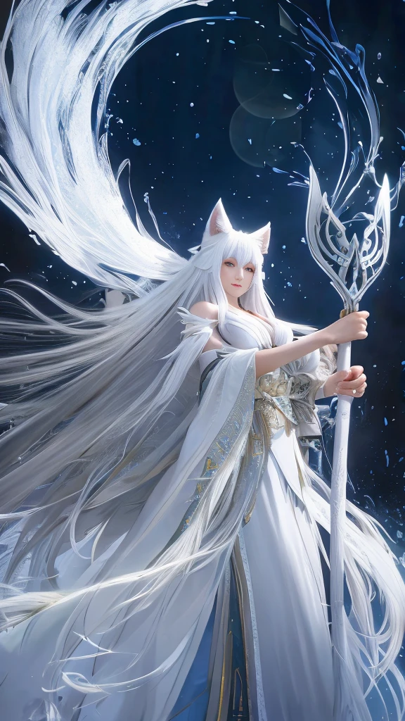 snowfield,a japanese woman,White long hair shawl,wolf headdress,Furry wolf ears,Large Breasts,Beautiful figure,Wearing white jumpsuit,Wearing a white cloak,Holding a long battle ax,Followed by the big white wolf