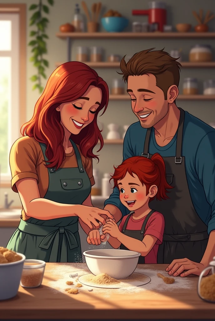Logo cover for restaurant with Japanese characteristics, Italian pasta dough, Brazilian family, woman with medium blonde hair, cooking with her long black haired Japanese husband, a with curly light brown hair cooking together and a little Japanese baby on her husband's lap, with the name of the restaurant written "PraJapa", Indian spices and bottle of beer