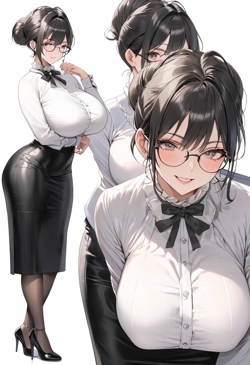 ((Best Quality)), ((masterpiece)), (detailed), (One girl), Sexy, height１６８Busty housewife with black hair and a bust of 100cm, Mature Woman, (((Black hair bun))), Mature Woman, Rocket Boobs,  Long, gentle eyes, Glasses, White blouse with ruffled collar, White background, tight black pencil skirt, Serious female teacher, smile, Standing full body shot, Black pumps, Black Pantyhose