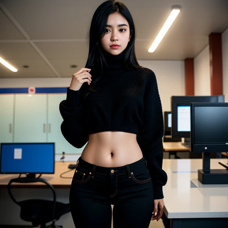21-year-old dressed Asian woman with black long hair and a red top, black jeans, gorgeous, beautiful, full body shot, d-cup breasts, 170cm tall, in a studio posing, cinematic lighting, centered, captivating, 85mm full body portrait shot