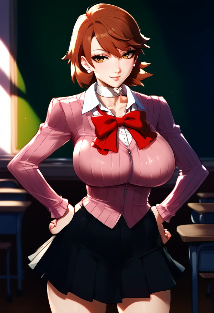  (((masterpiece))), (((Best quality))), (Very detailed), (full body), ((soro)), , classroom, yukaridef, gekkoukan high school uniform, pink cardigan, red bow, long sleeves, black skirt, earrings, white choker, beautiful breasts, light smile, hands on hips,,