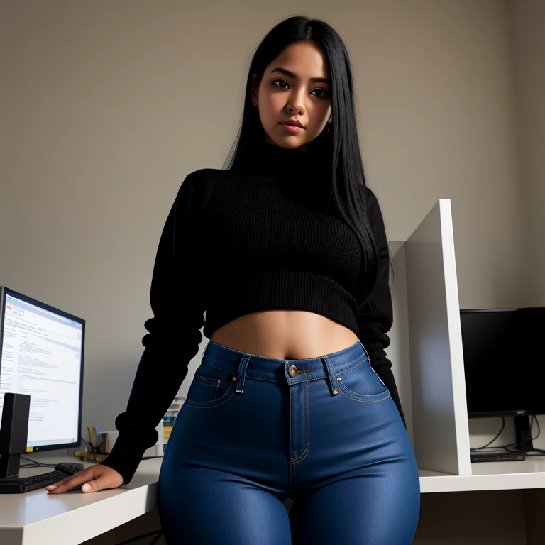 1girl, beautiful detailed, beautiful face, wide hips Guanajuato emo teen, slim, medium black hair, black hair over one eye, long sleeve sweater tucked in tight pants, pearshaped wide hips, full body photo close up, in a dark science laboratory,