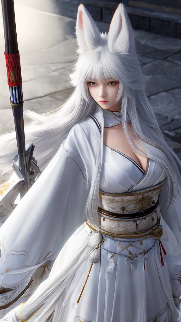 snowfield,a japanese woman,White long hair shawl,wolf headdress,Furry wolf ears,Large Breasts,Beautiful figure,Wearing white jumpsuit,Wearing a white cloak,Holding a long battle ax,Followed by the big white wolf