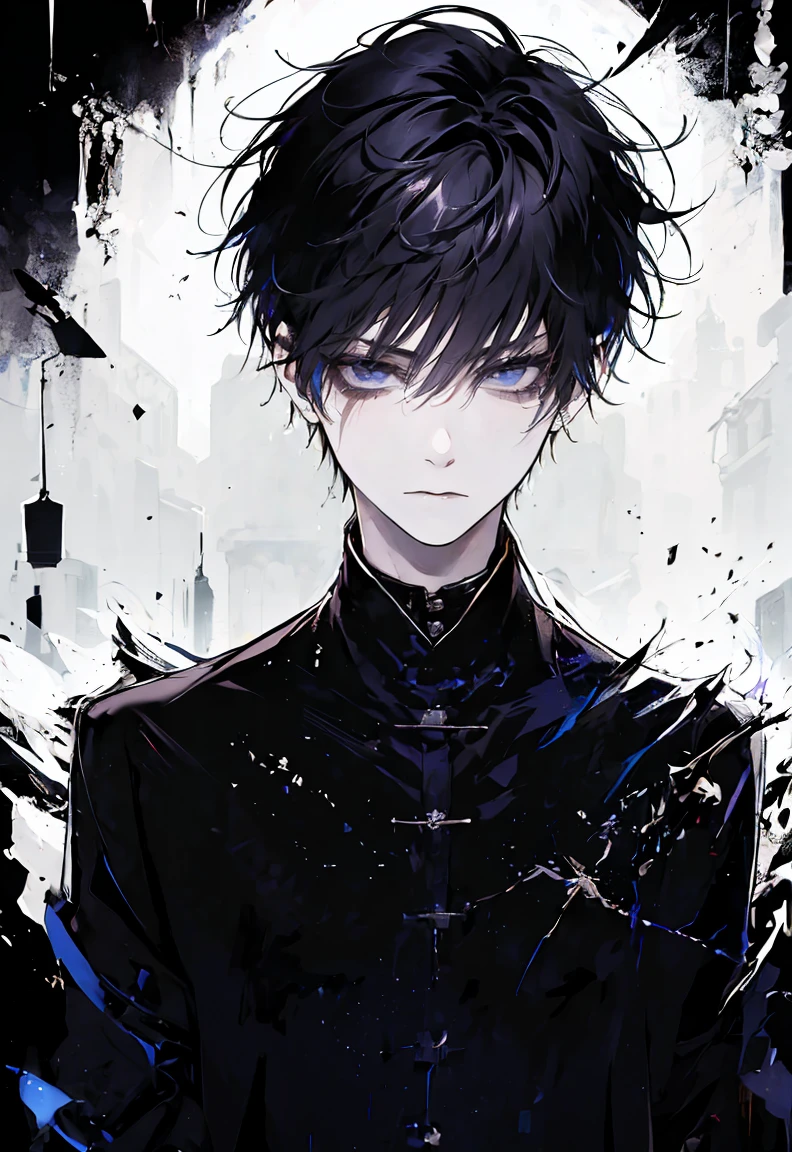 One male character, adult male, bishonen, handsome, pale skin, black hair, dark hair, dark eyes, goth urban black clothes, jewlery with crosses and goth themes, mysterious vibe, soft smile, graceful pose, elegant, urban background, messy hair, fixing his hair with a hand, post punk inspiration, cel shade, urban setting, casual setting.