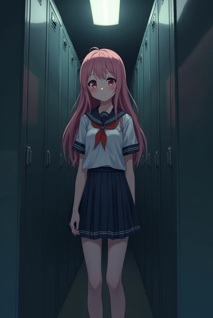 Anime girl stepping on a baby with blood on the floor she has pink hair long hair and blue eyes
