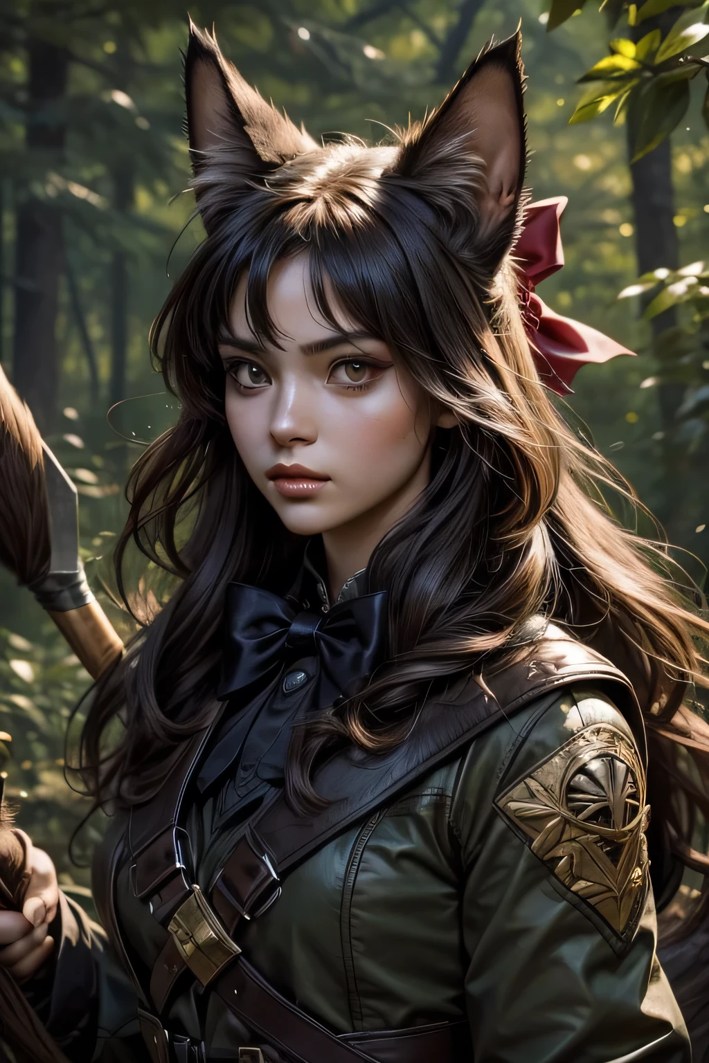 Bust shot of A cat-eared beast girl in a hunter outfit, aiming for her prey with a bow, a sharp gaze, super Realistic