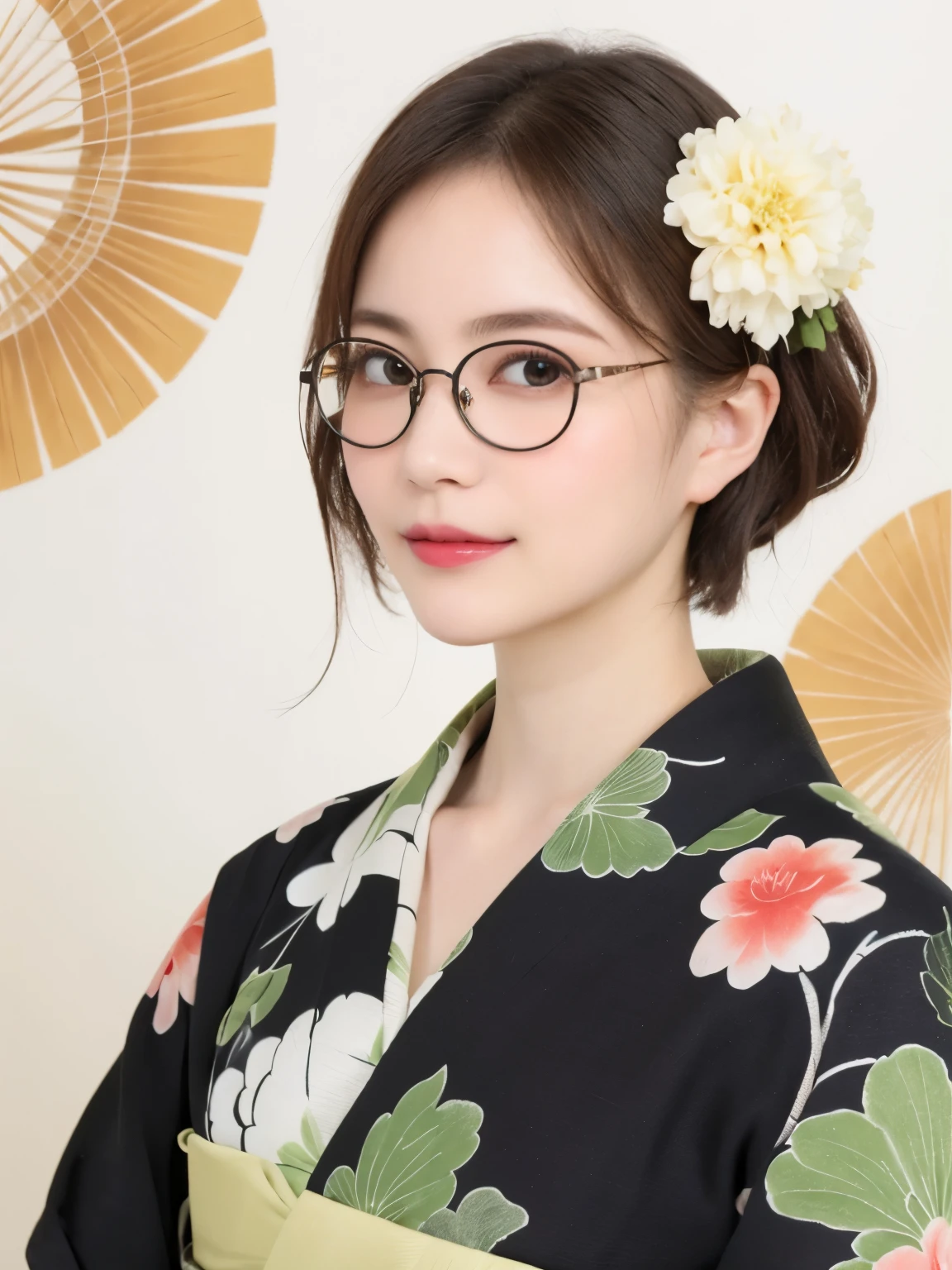 2 (20-year-old woman,Short Hair) , (A kind smile) , (kimono), (colorful), (Japanese painting by Uemura Shōen), flower, Glasses