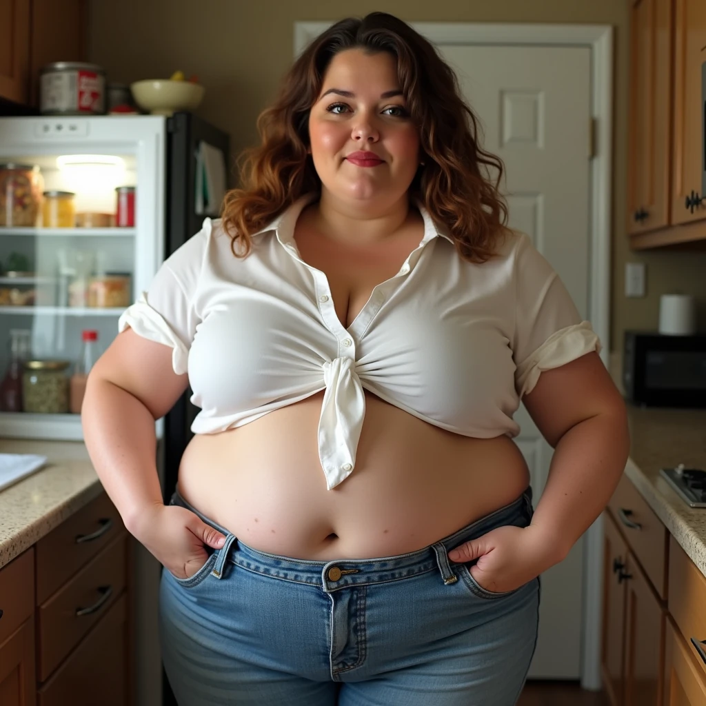 A muffin-baking photo of a middle-aged beautiful bottom heavy tradwife redhead ssbbw with pear-bodyhape, extreme wide hips, with short ginger hair soft fat belly, extremely wide fat obese hips, very obese legs, thick fat wide legs and fat arms, huge wide butt, cute pretty face, small breasts, blue eyes, freckles, in a long cooking apron in a kitchen, makeing lot ot muffins