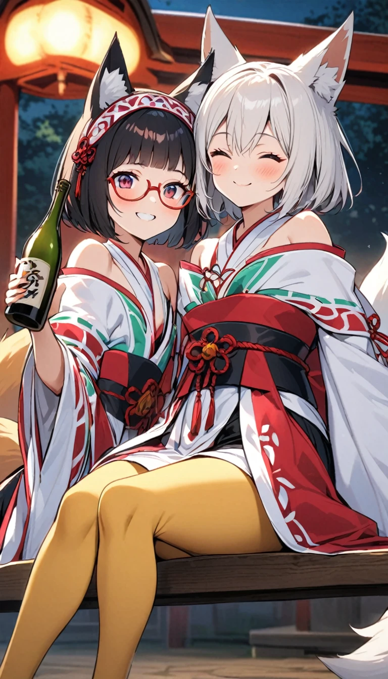 White fox girl,thin body type,Flat Chest,Vermilion and madder colored odd eyes,Red-rimmed glasses,Happy smile,fun,Short Hair,Bobcut,前髪に1 bottleのメッシュ,fox ears,Shrine maiden costume,Short black skirt,Fox Tail,1 bottle,Deep golden yellow tights,Sitting on a bench with a fat man,Lean on,night