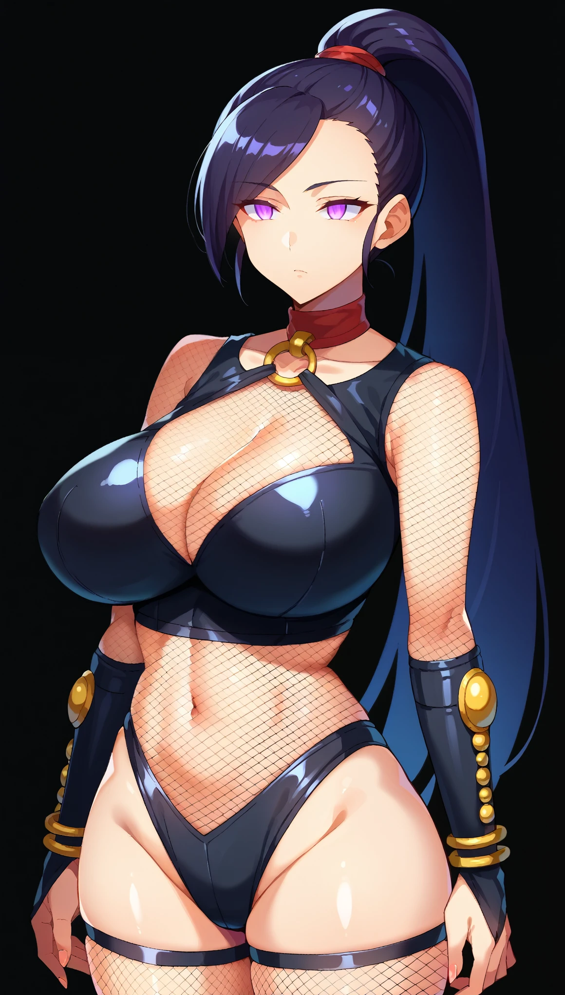 score_9, score_8_up, score_7_up, score_6_up, score_5_up, score_4_up, BREAK source_anime,立ち上がる,martina, long hair, ponytail,black hair, striped ribbon, purple eyes,(glowing eyes), Huge breasts, (evil depravity), empty eyes,Expressionless, (Black latex high leg suit), Fishnet stockings, fishnet tops, black background, simple background,