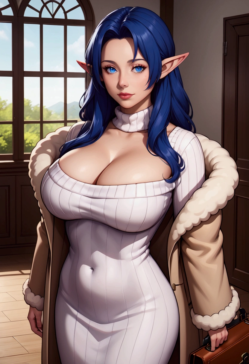 Mesa, (the highest quality), 1 female,a girl ,Freeze ,    long hair, blue hair,   blue eyes,  , hair ingestion, pointy ears Hair that falls over the shoulders, (mature woman), skirt, sweater, wool coat,       home made woman, big breasts,sexy woman,    , bright colors ,,natural light  ,Hmph, hair between the eyes , beautiful, (detailed face:1.2), display case, (perfect eyes:1.1) ,(realistic:1.1), 8k Ultra HD,  See your viewers,  Internal round