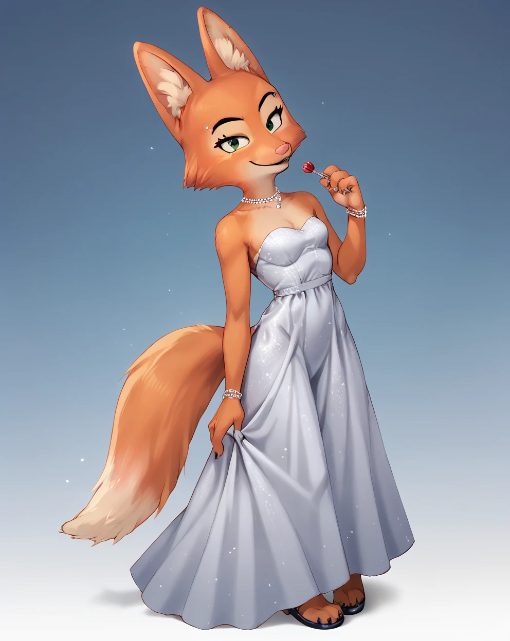 score_9, score_8_up, score_7_up, score_6_up, score_5_up, score_4_up, Diane_Foxington, ginger fur, emerald eyes, black lipstick, black eyebrows, silver piercings on eyebrow, fox tail, cut dress, smirk, looking at viewer, full body, perfect, masterpiece, high quality