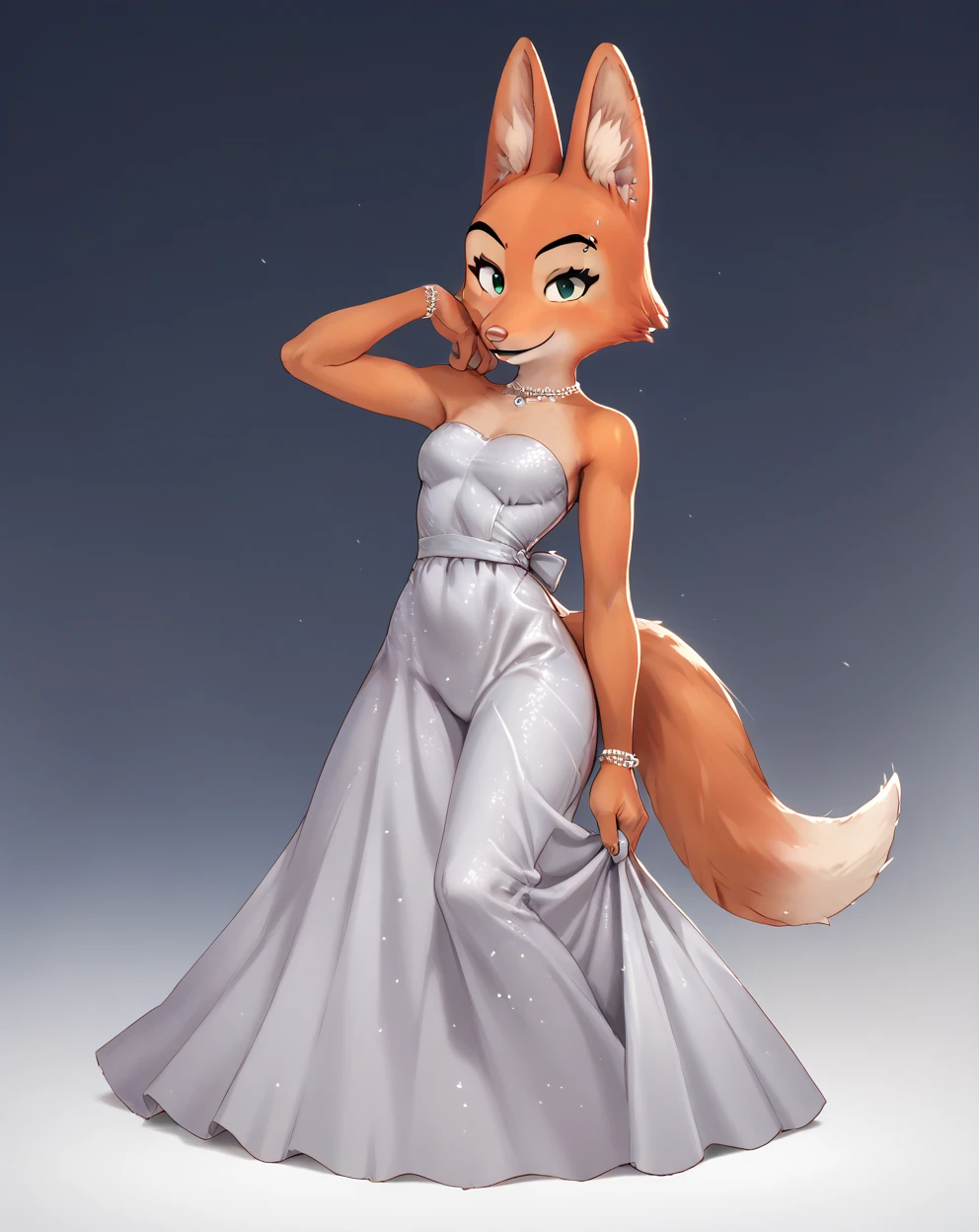 score_9, score_8_up, score_7_up, score_6_up, score_5_up, score_4_up, Diane_Foxington, ginger fur, emerald eyes, black lipstick, black eyebrows, silver piercings on eyebrow, fox tail, cut dress, smirk, looking at viewer, full body, perfect, masterpiece, high quality