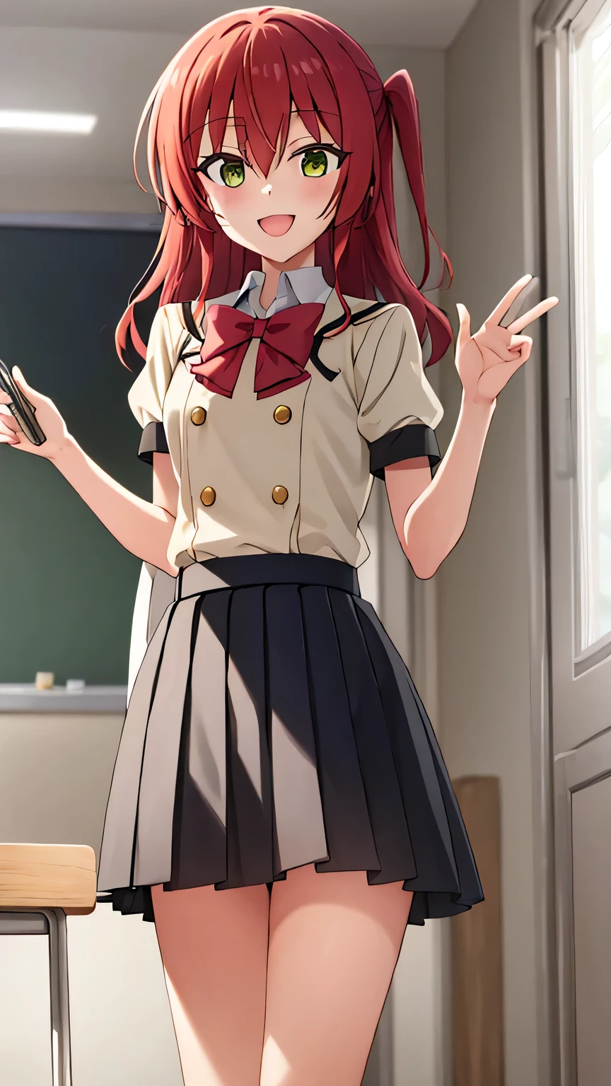 {{{masterpiece}}}, {{{best quality}}}, {{ultra-detailed}}, {illustration}, {{an extremely delicate and beautiful}}, (beautiful detailed eyes:1.6), extremely detailed face, 16k, visual anime de uma jovem mulher, extremamente bonito rosto de anime, anime melhor garota, (perfect hands, perfect anatomy), anime face, ikuyo kita, kita_ikuyo_bocchitherock, cute face, 1girl, solo, (green eyes:1.5), hair between eyes, long hair, one side up, red hair, medium breasts, thin waist, big hips, curvaceous, BREAK, ivory school clothes, {shuka high school uniform}, ivory sailor collar, short sleeves, red bowtie, double breasted, pleated skirt, short skirt, black skirt, knee socks, white socks, brown shoes, BREAK,1girl, cowboy shot, open mouth, kyoushitsu, classroom, indoors, school chair, school desk, chalkboard, window, ceiling light, curtains, smiling, peer in from below, looking at viewer, daytime, flushed cheeks