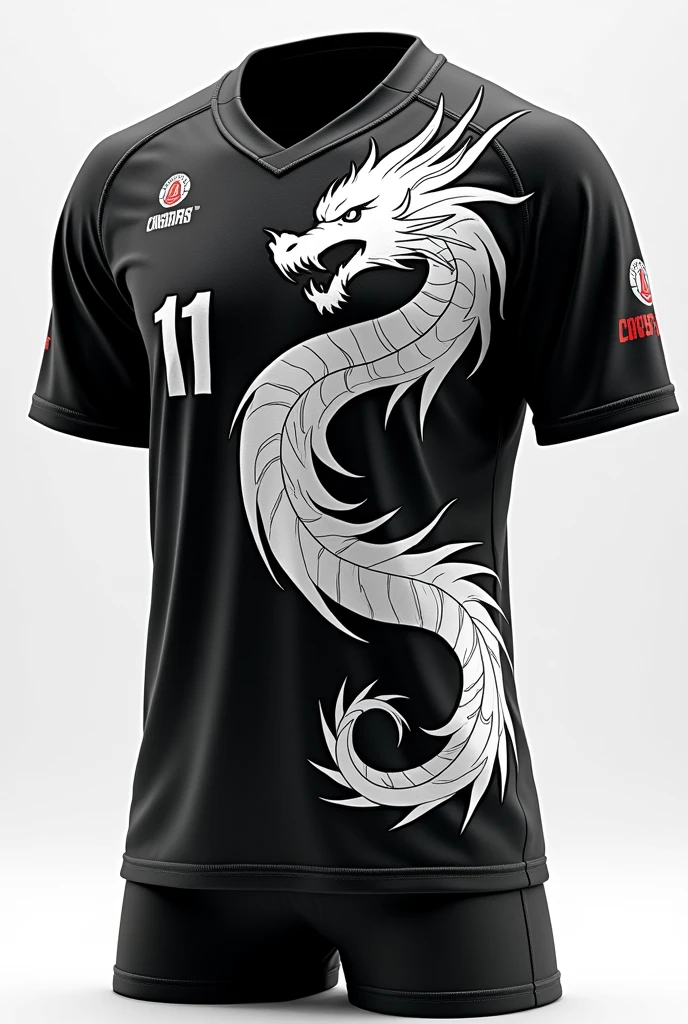 Make me a white football style shirt, with a dragon printed on the shirt, climbing up it, the color of dragons is black, on the right of the shirt, On the chest, Written 1A