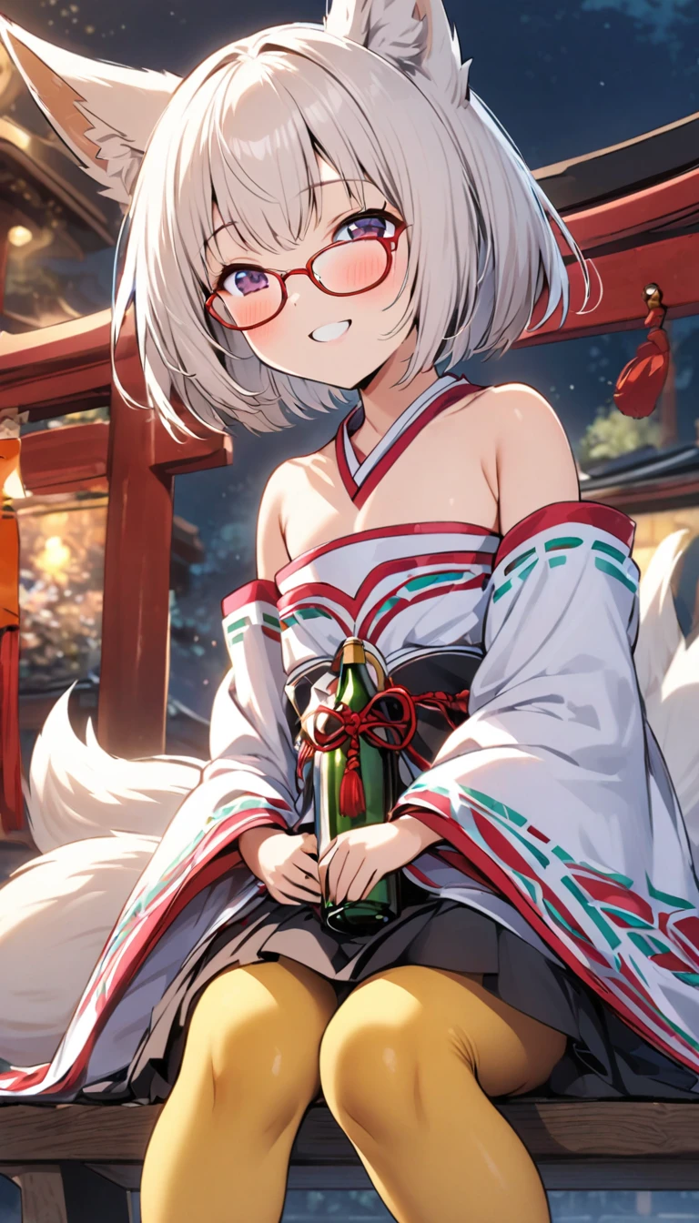 White fox girl,One Girl,thin body type,Flat Chest,Vermilion and madder colored odd eyes,Red-rimmed glasses,Happy smile,fun,Short Hair,Bobcut,前髪に1 bottleのメッシュ,fox ears,Shrine maiden costume,Short black skirt,Fox Tail,1 bottle,Deep golden yellow tights,Focus on men, Sitting on a bench with a big fat guy,Lean on,night